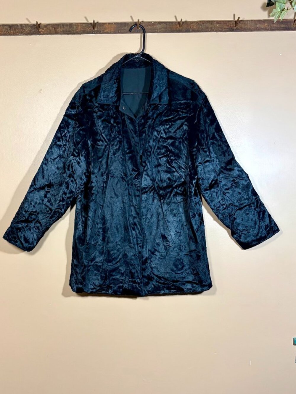 Black Crushed Velvet Velour Plush Jacket Faux Fur Feel XL